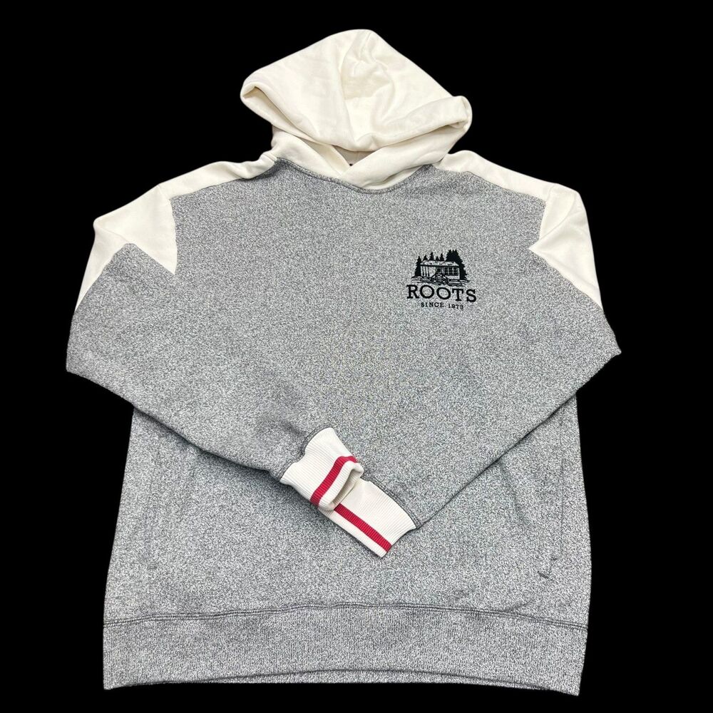 Roots Canada Mens Fleece Cabin Logo Y2K Hoodie Vintage Gray Size Medium
